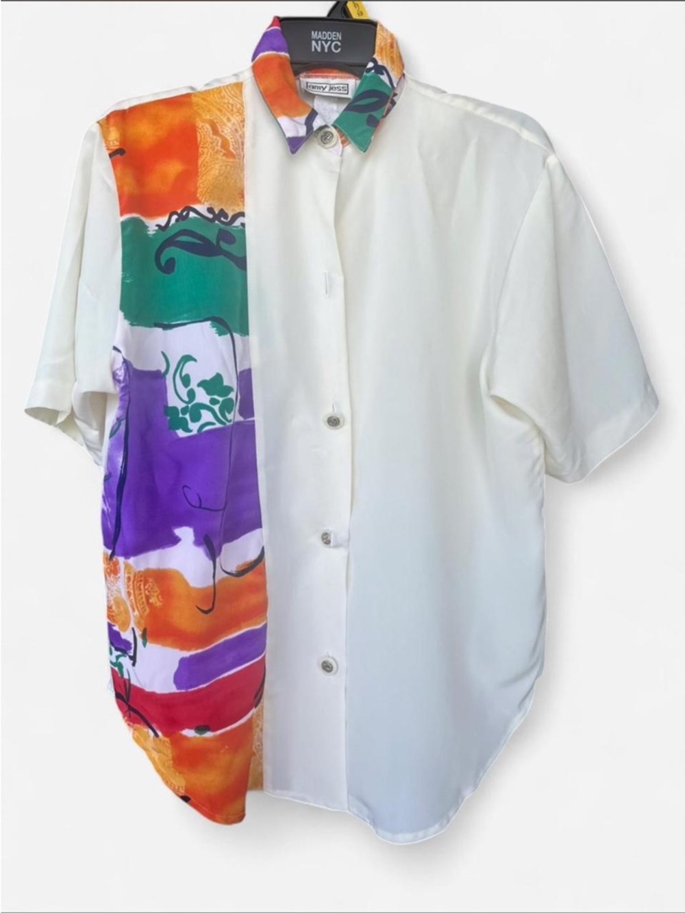 White Short-Sleeve Shirt with Multicolor Print Panel